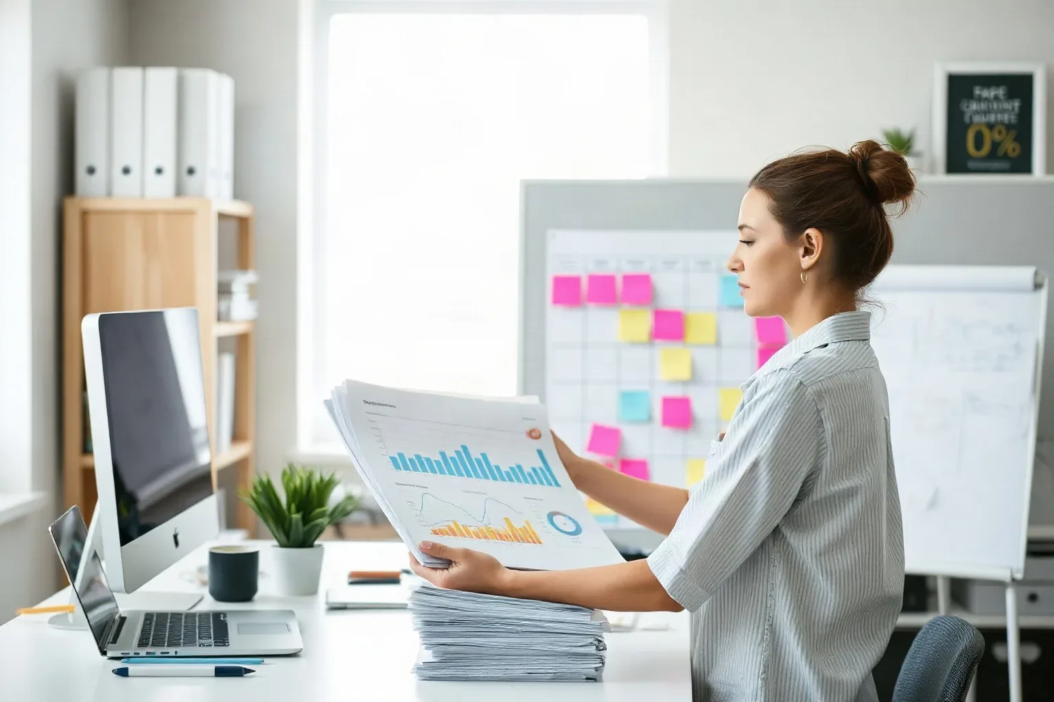 A marketing professional at a shelved workspace lifting a printed analytics report from a pile and holding it beside a sticky-note cluster on the planning board to compare page-performance notes