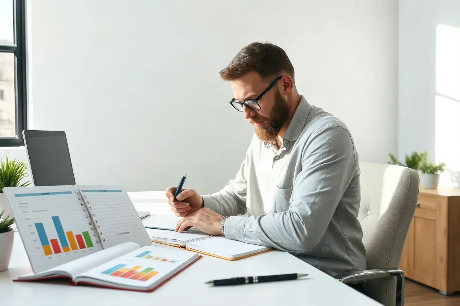 A small-business owner seated at a focused desk workspace working through a ring-bound notebook inventory list and ticking off URLs while a printed bar-chart report with colour-coded sections lies open to the left