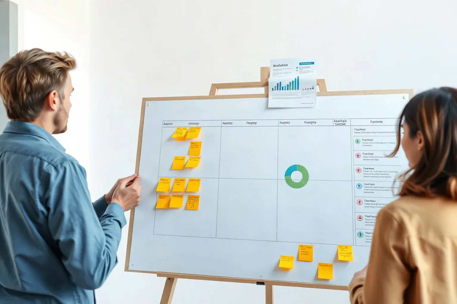 Two people stand before an easel-mounted whiteboard covered in yellow sticky notes arranged in a grid, with a donut chart printed on the board and a document clipped to the top