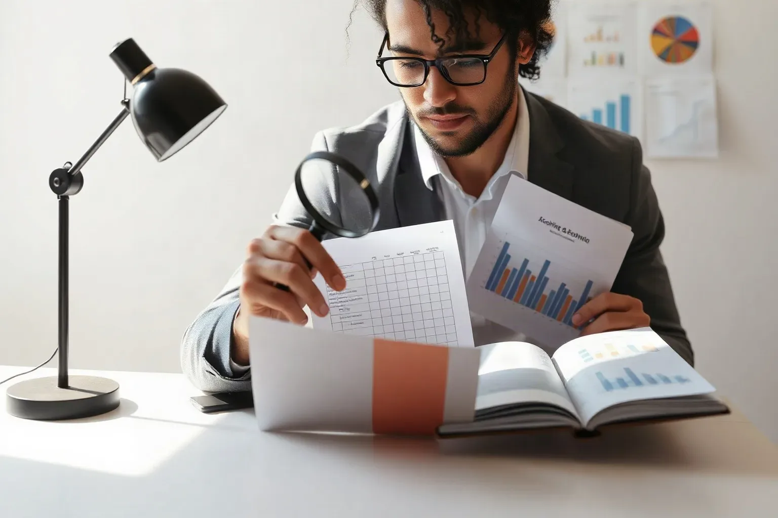 A small-business owner at a single-desk workspace pressing a magnifying glass over a scoring matrix printed on a ring-bound notebook page while a separate printed analytics report with bar charts is spread open to the right