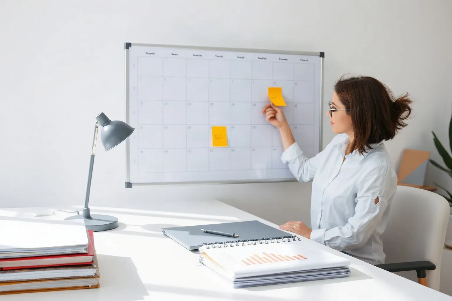 A marketing professional at a focused desk workspace writing a schedule note on a sticky note and pressing it onto the planning board while stacked ring-bound notebooks and a printed analytics report are arranged on the desk below