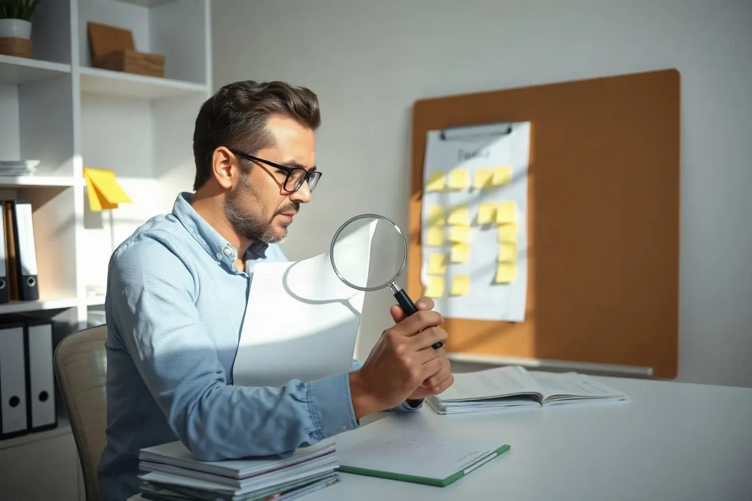 A small-business owner at a shelved single-desk workspace pulling a tabbed folder from a stack and resting a magnifying glass on its first printed page while sticky-note clusters on the planning board behind are visible over the shoulder
