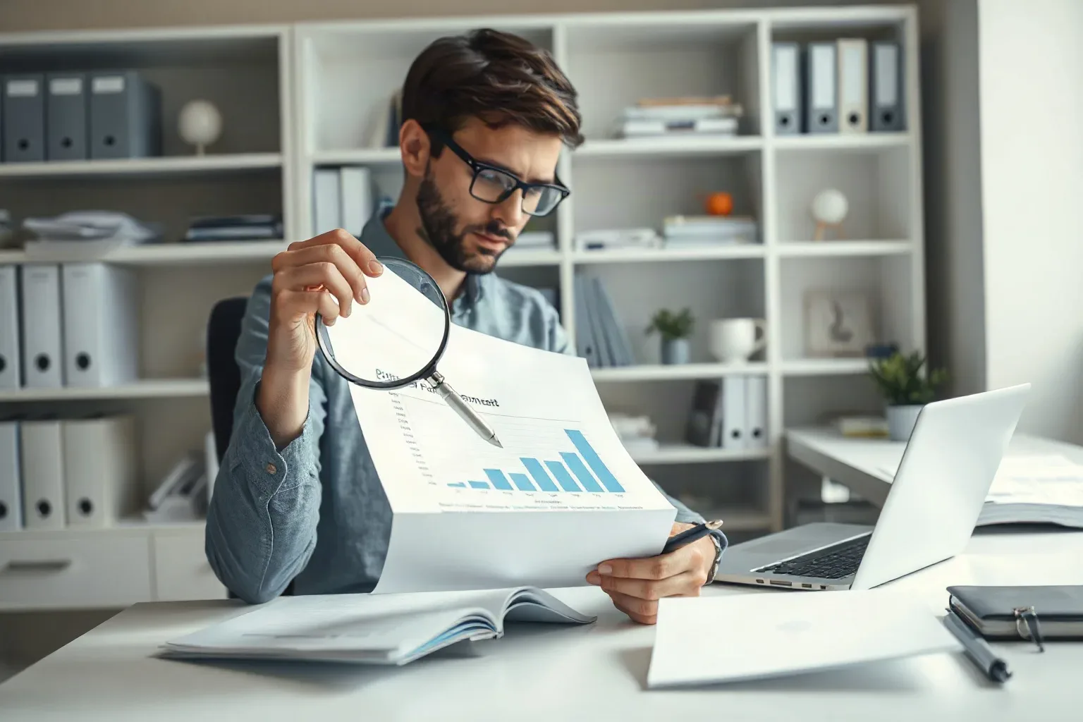 A marketing professional at a shelved office workspace pressing a magnifying glass onto a printed report page that shows a series of performance threshold charts while a pen rests in the other hand
