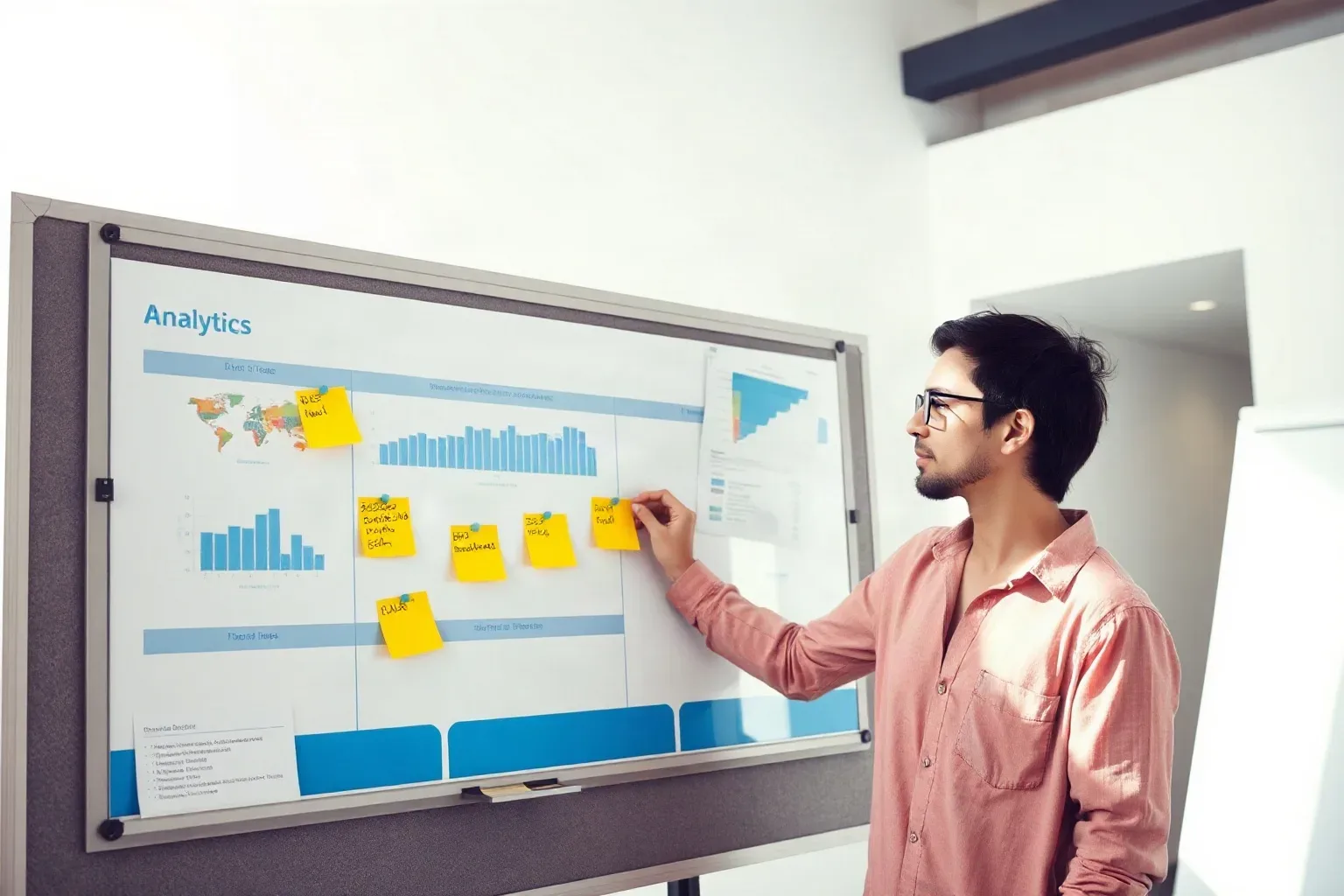 A person in a pink shirt places a sticky note on a whiteboard covered in analytics charts and yellow sticky notes
