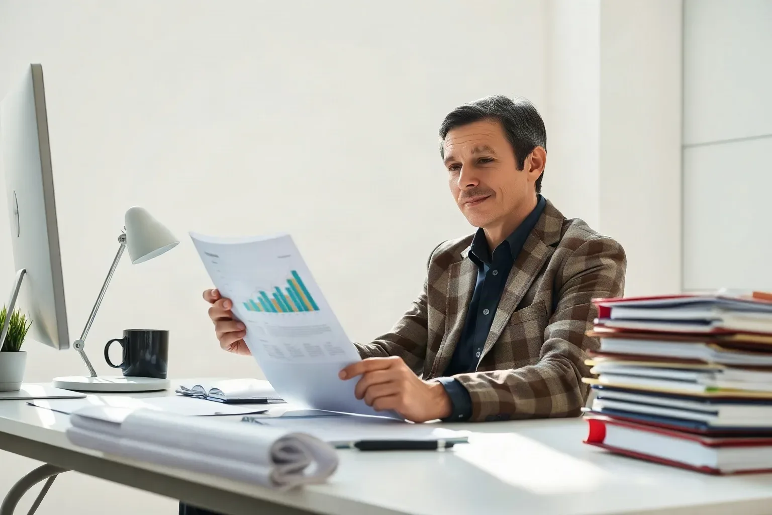A small-business owner seated at a focused desk workspace sliding a printed analytics report toward them and anchoring a magnifying glass over a highlighted threshold row while tabbed folders are stacked nearby