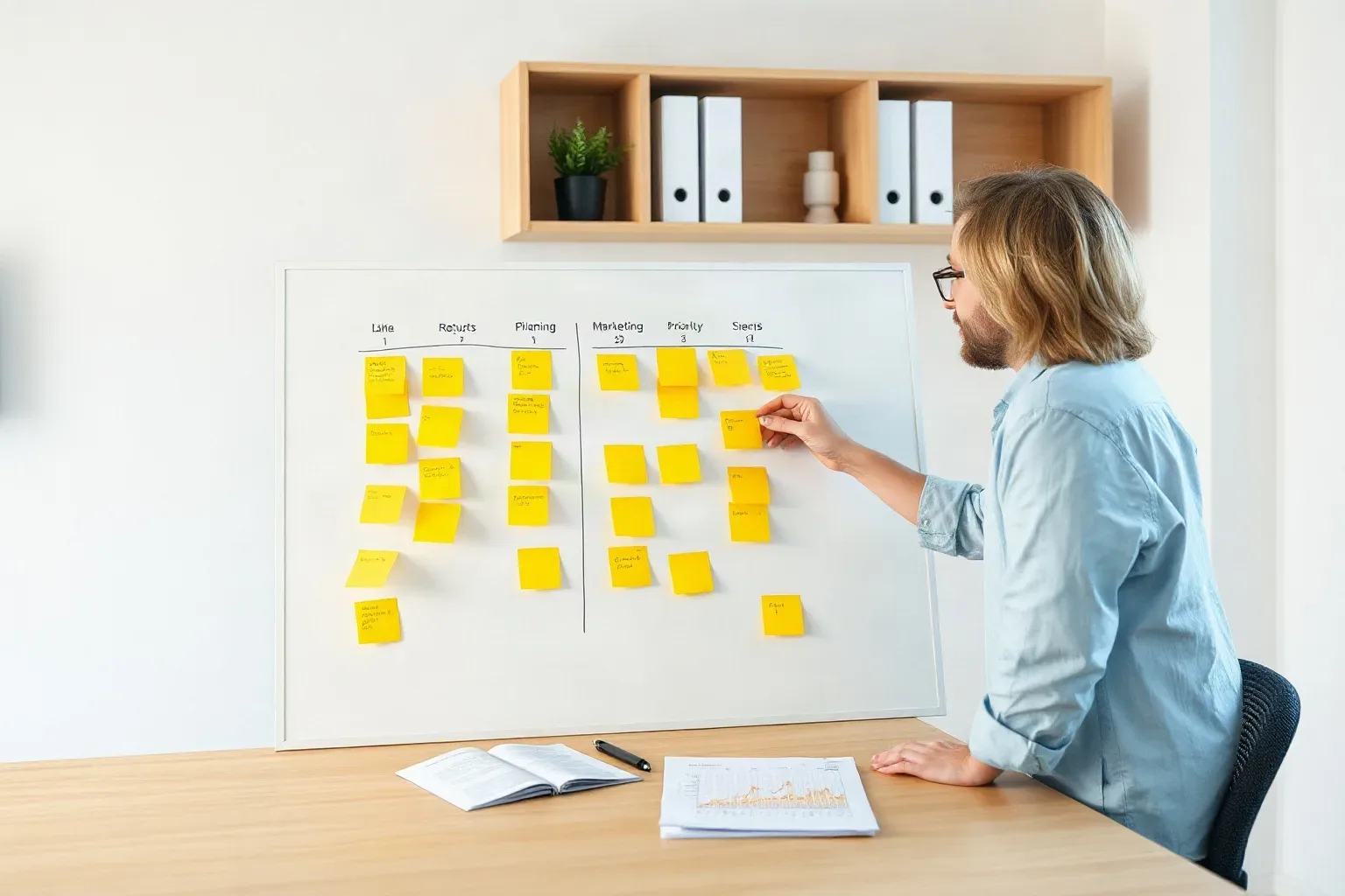 A person in glasses arranges yellow sticky notes on a whiteboard divided into labelled columns, seated at a desk with an open notebook and printed chart