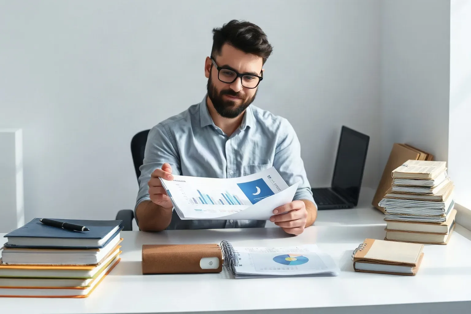 A bearded person wearing glasses sits at a white desk reviewing printed charts and graphs, surrounded by stacked books and notebooks