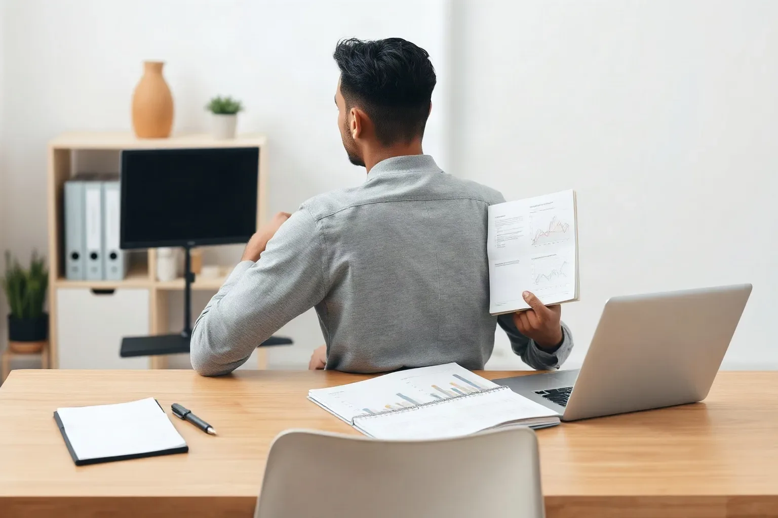 A person seated at a desk holds up a document covered in charts while a laptop and open spiral-bound report sit on the desk in front of them