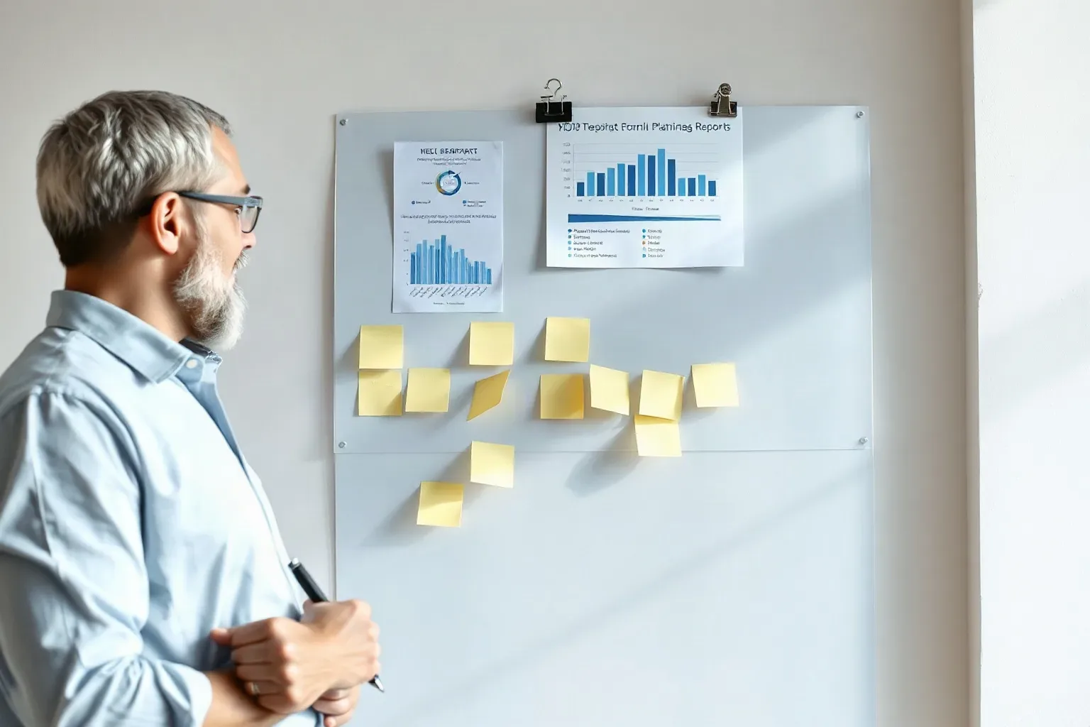 A person holding a pen looks at a planning board covered in yellow sticky notes and printed charts pinned to a wall