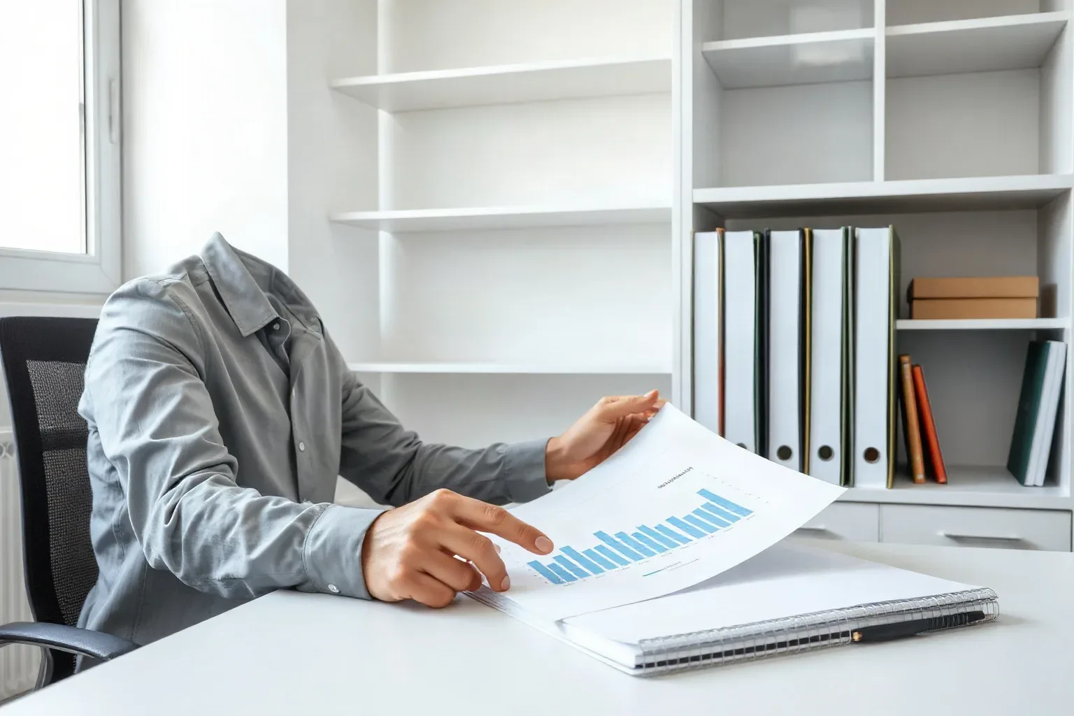 A marketing professional at a shelved workspace laying a printed analytics report open and pressing a fingertip onto a specific bar within a chart while a column of ring-bound notebooks lines the shelving directly behind the desk