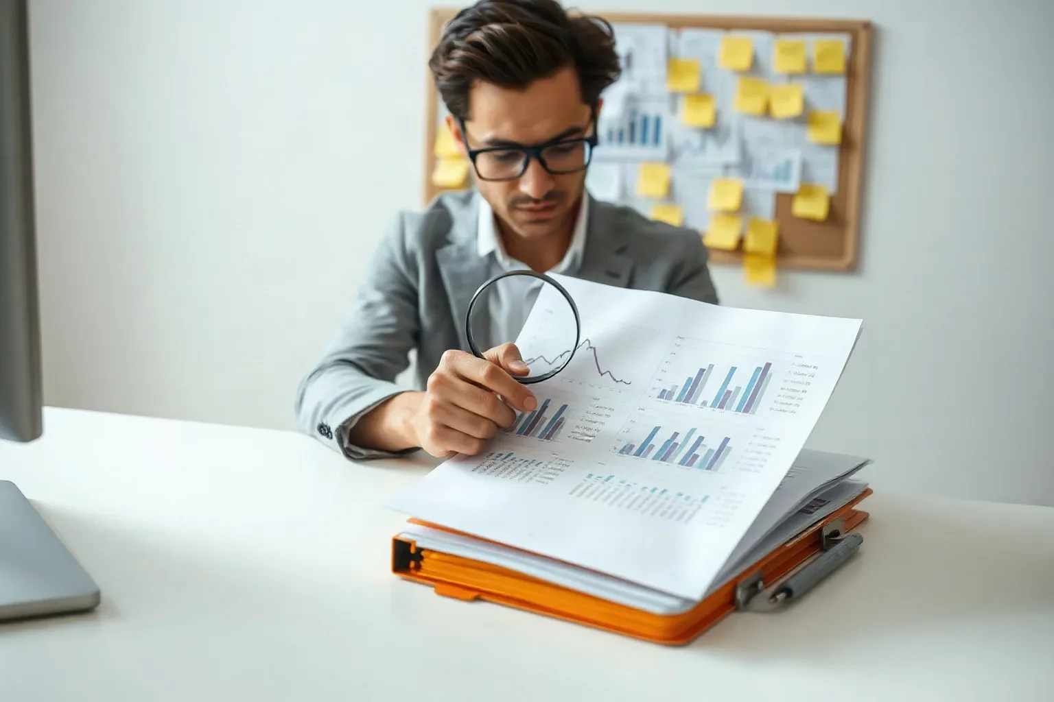 A small-business owner at a single-desk workspace spreading tabbed folder pages across the desk surface and resting a magnifying glass on a printed report that shows dense line-chart data while sticky notes fill the board behind