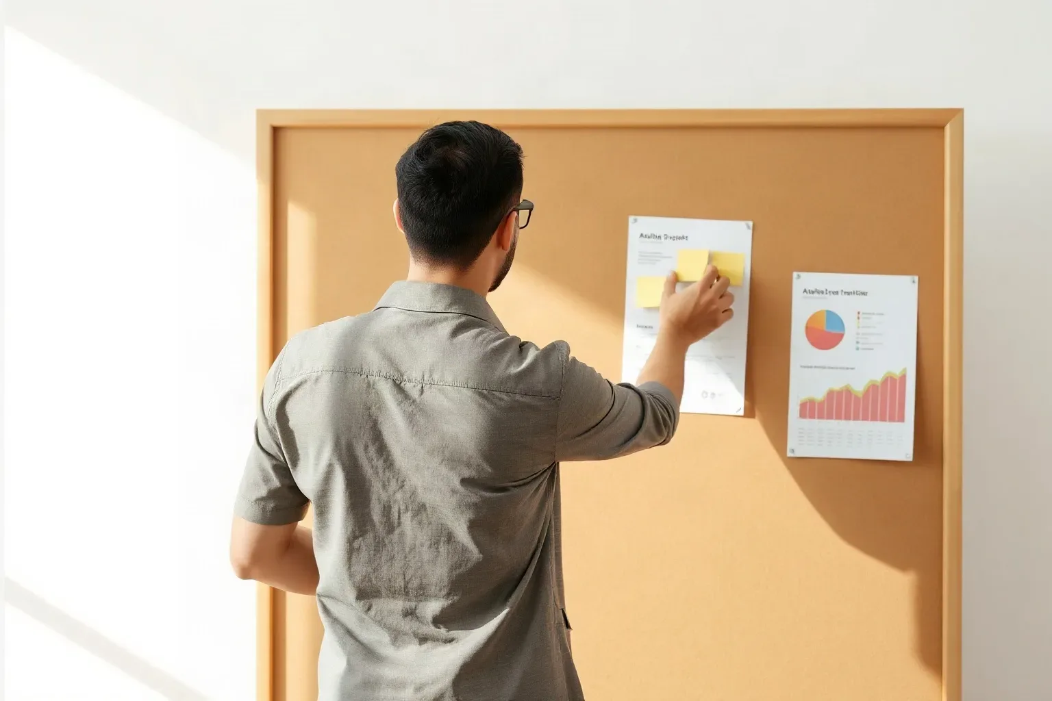 A person wearing glasses places sticky notes onto charts and graphs pinned to a cork board