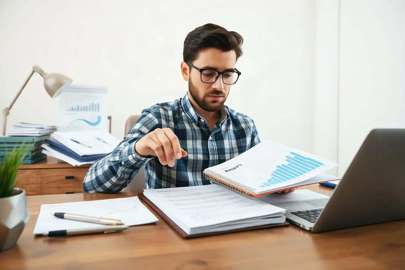 A small-business owner seated at a focused workspace lifting a ring-bound notebook from a stack and opening it beside a printed bar-chart report while a pen rests on the desk ready for annotation
