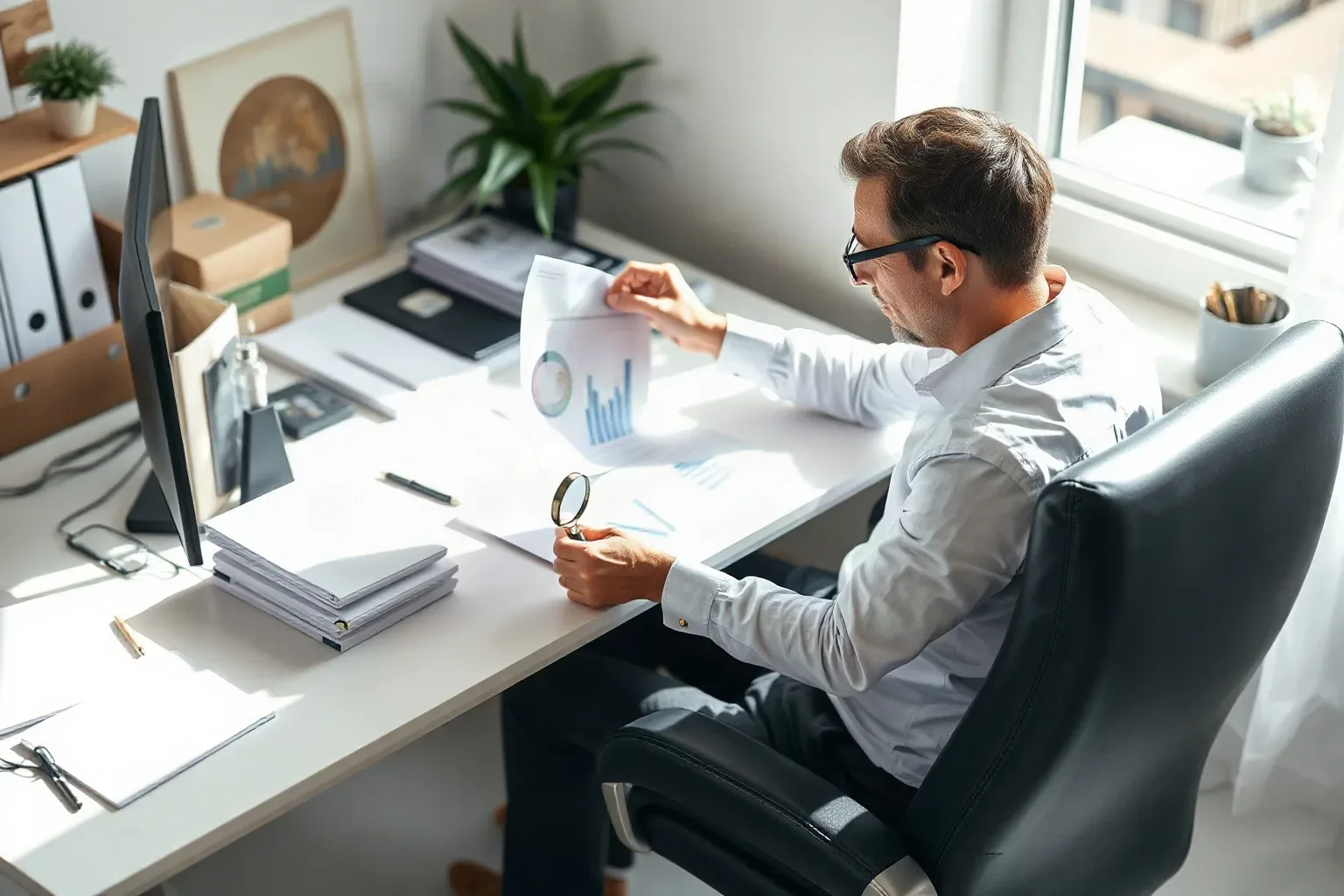 A small-business owner seated at a focused desk workspace pressing a magnifying glass over a dense line-chart section of a printed analytics report while tabbed folders are stacked at the corner of the desk