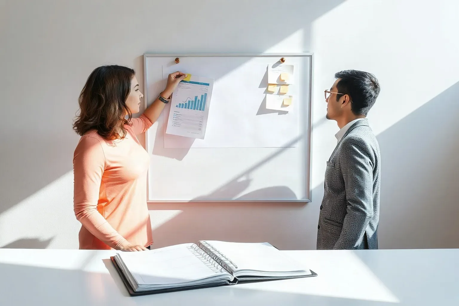 Two people in a bright office review documents and sticky notes pinned to a whiteboard, with an open ring-bound notebook on the desk in front of them