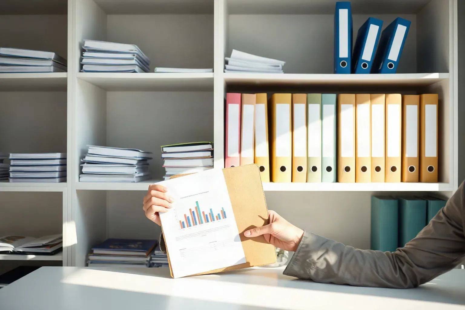 A small-business owner at a single-desk workspace pulling a tabbed folder from a shelf and opening it beside a printed bar-chart report while a column of ring-bound notebooks fills the shelving unit in the background