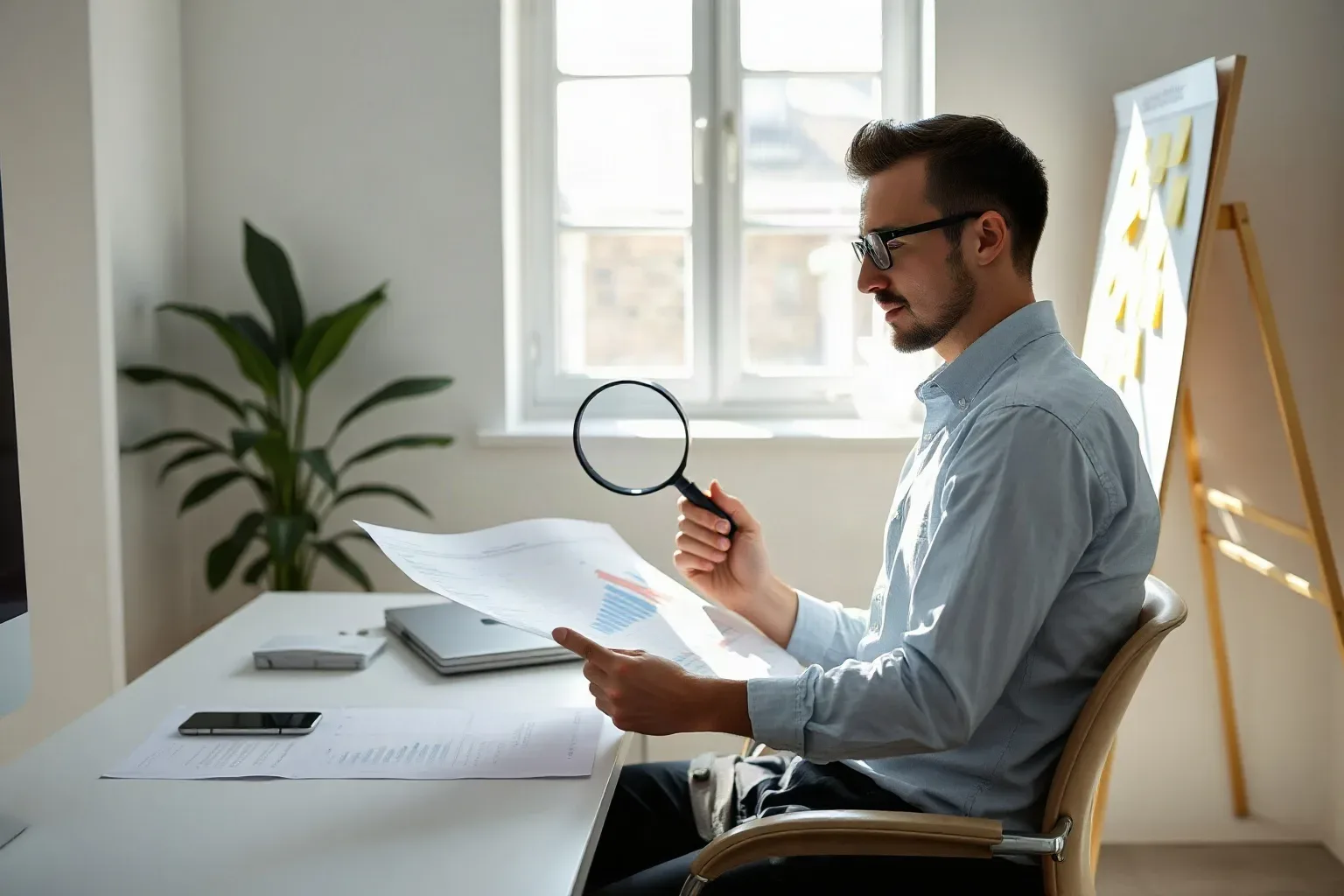 A marketing professional seated at a focused workspace holding a magnifying glass over a specific column of figures on a printed analytics report while a sticky-note-covered planning board lines the wall to one side