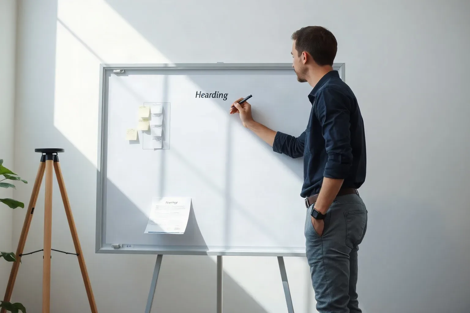 A person writes on a whiteboard mounted on a stand, with sticky notes attached to one side and a document resting at the bottom