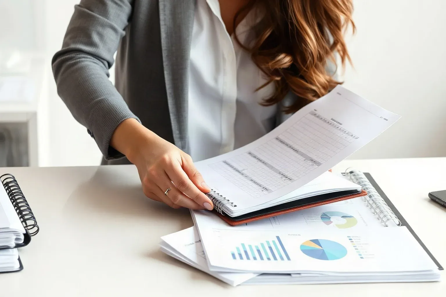 A marketing professional at a focused desk workspace flipping a ring-bound notebook to a fresh page and cross-referencing it with a printed line-chart report spread flat on the desk while tabbed folder pages are fanned out to one side