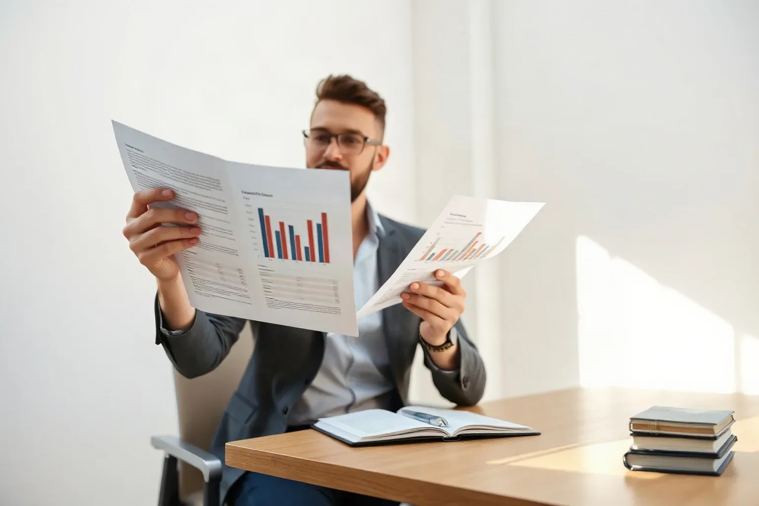 A person in a suit and glasses sits at a desk holding up two printed reports covered in bar charts, with open notebooks on the desk beside them