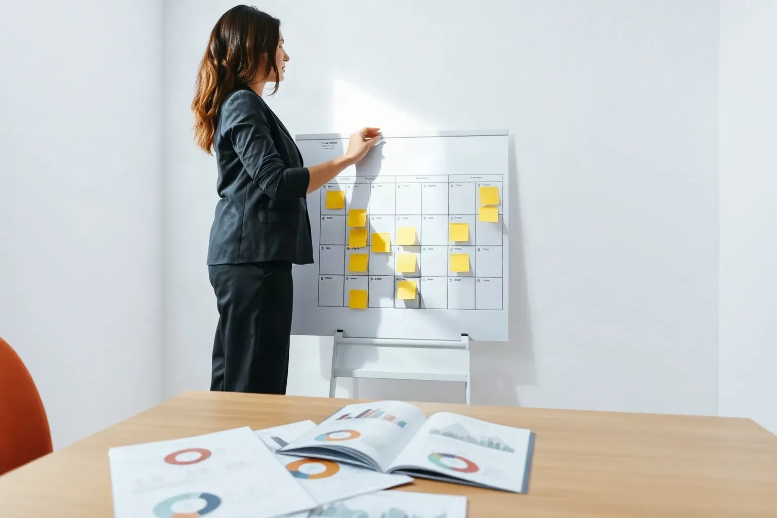 A person in a dark suit places yellow sticky notes onto a grid-style planning board on an easel, with open reports showing charts and graphs on a table in the foreground