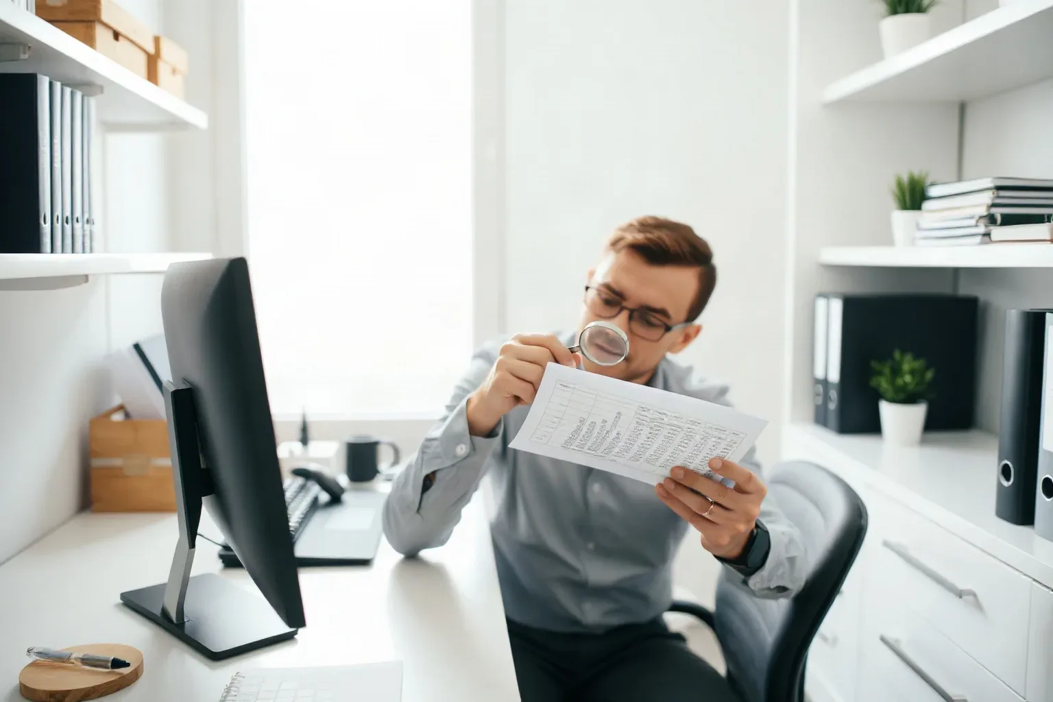 A small-business owner at a shelved single-desk workspace resting a magnifying glass on a printed page containing a dense chart and leaning in to examine a specific row of figures