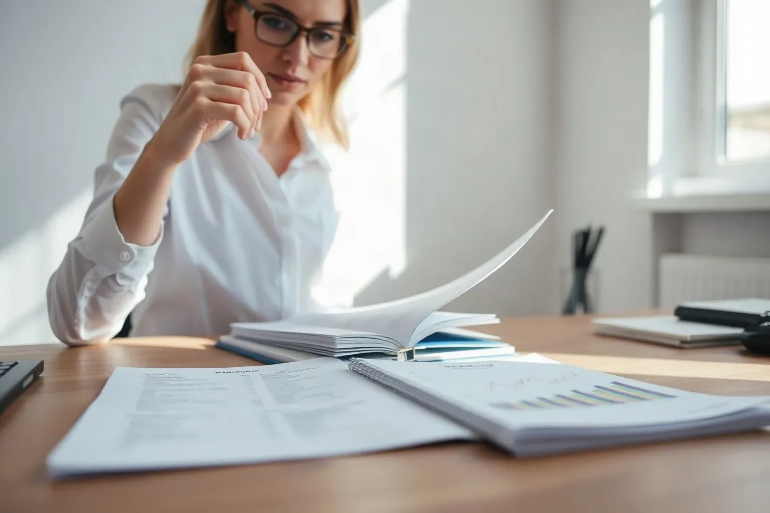 A person wearing glasses and a white shirt leafs through documents at a desk covered in open folders and printed reports