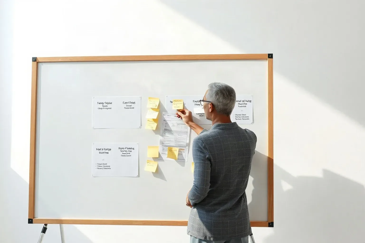 A person with grey hair and glasses places a sticky note on a whiteboard covered in printed sheets and yellow sticky notes