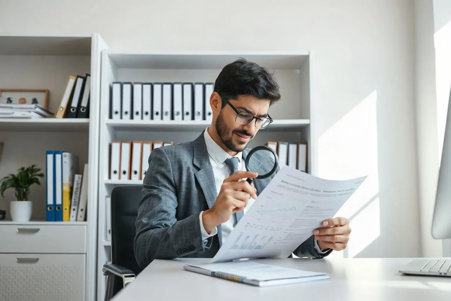 A marketing professional seated and using a magnifying glass to read fine-print text on a printed analytics report while a column of ring-bound notebooks lines the shelving unit directly behind the desk