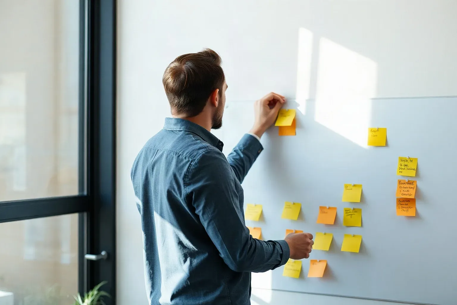 A person in a denim shirt arranges yellow and orange sticky notes on a large whiteboard covered in clustered notes