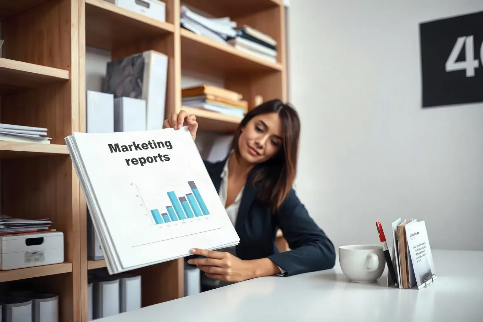 A marketing professional at a shelved workspace pulling a tabbed folder from the shelving unit and laying it open across a printed analytics report bearing bar charts to compare two sets of entries