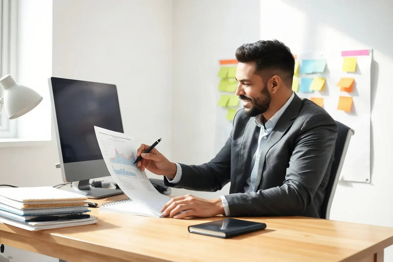 A small-business owner seated at a single-desk workspace using a pen to add margin annotations to a printed line-chart report while a stack of ring-bound notebooks sits close at hand and the planning board behind shows colour-coded sticky-note clusters