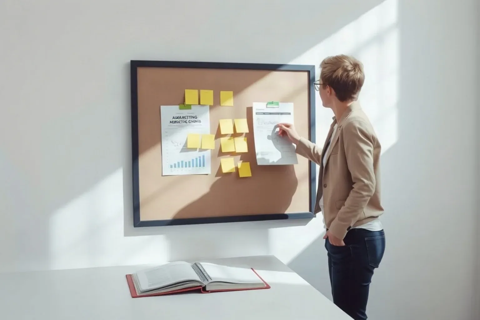 A person in a blazer pins a document to a cork notice board covered in yellow sticky notes and printed charts