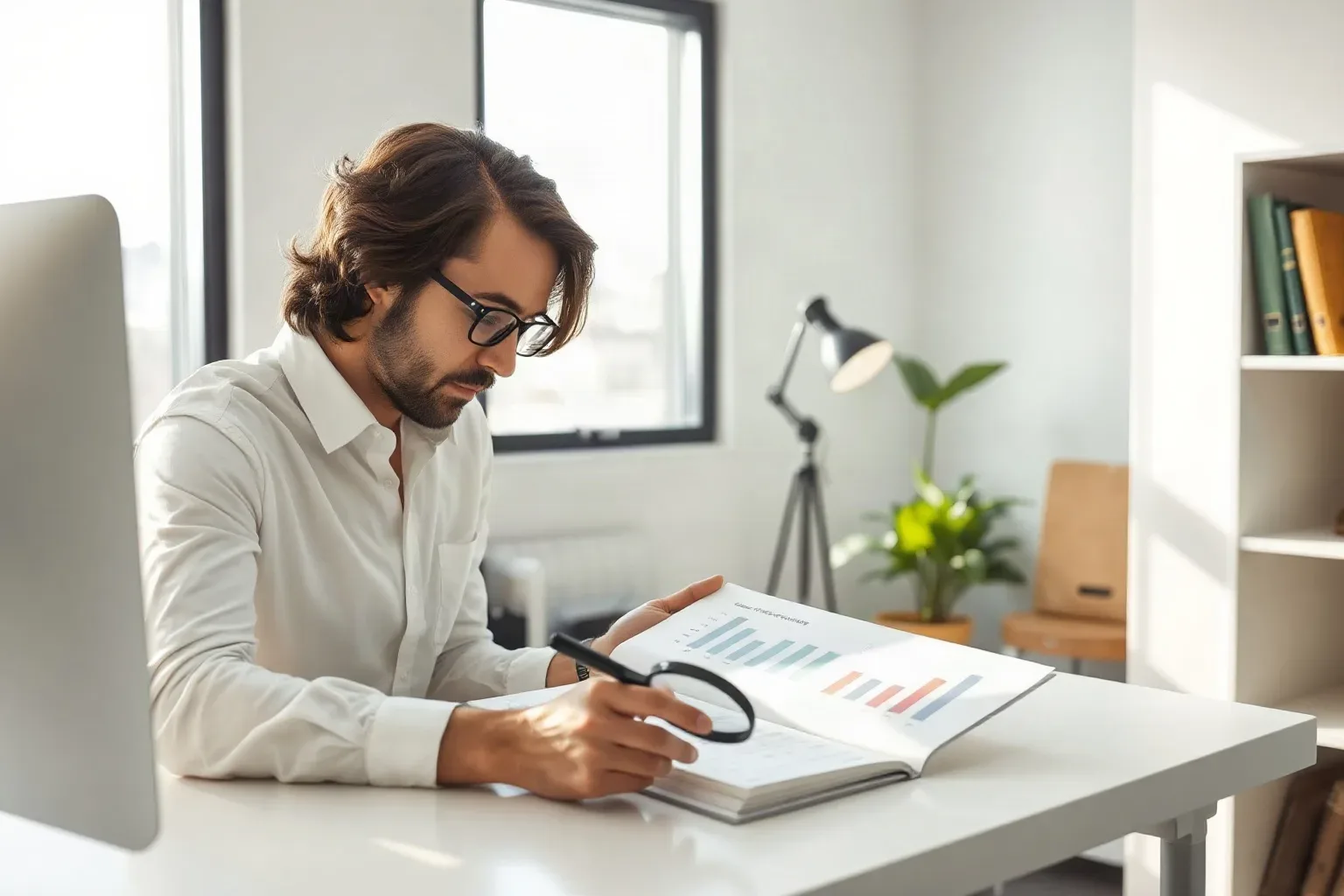 A small-business owner at a focused desk workspace resting a magnifying glass on an open printed bar-chart report and reaching to retrieve a tabbed folder from the shelf unit beside the desk