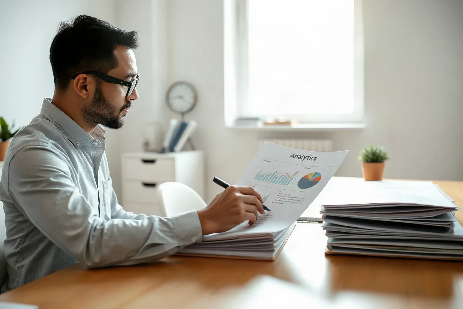 A small-business owner at a focused desk workspace pressing a magnifying glass against a printed analytics report and annotating sections with a pen while tabbed folders lie open nearby