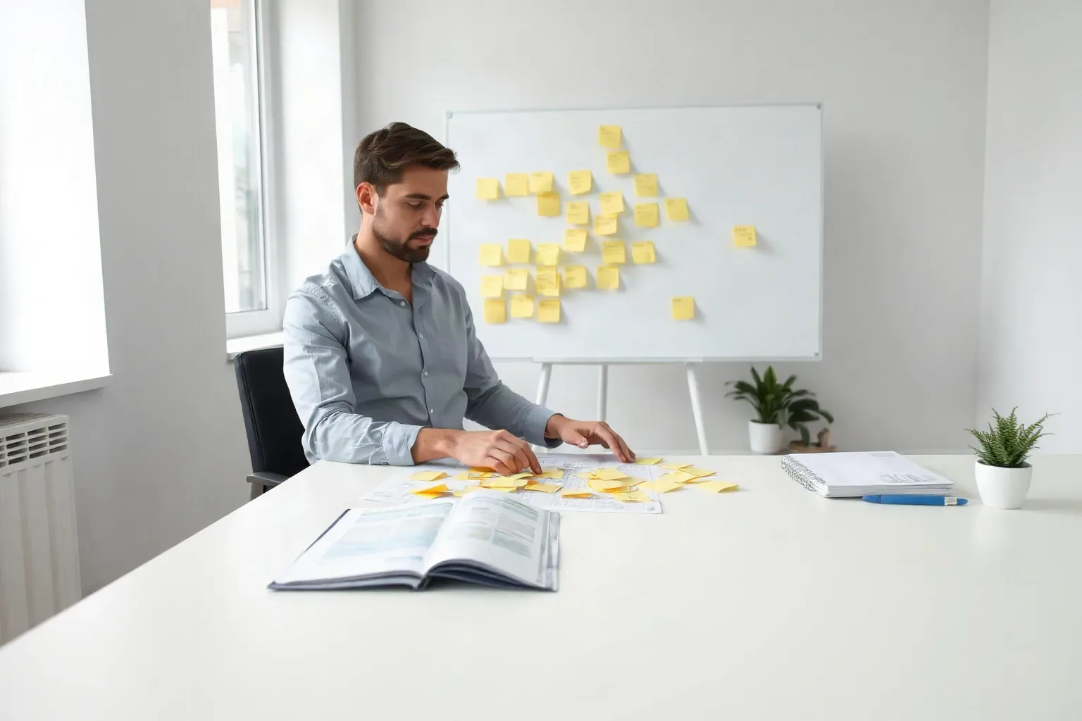 A person sits at a white desk arranging yellow sticky notes on documents, with a whiteboard covered in sticky notes visible behind them