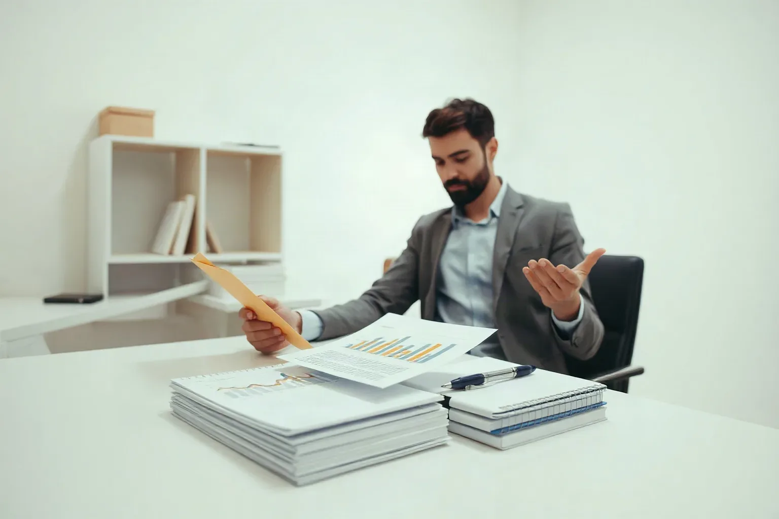 A small-business owner at a single desk flipping through a tabbed folder and cross-referencing it with a page from a printed analytics report spread flat beside stacked ring-bound notebooks