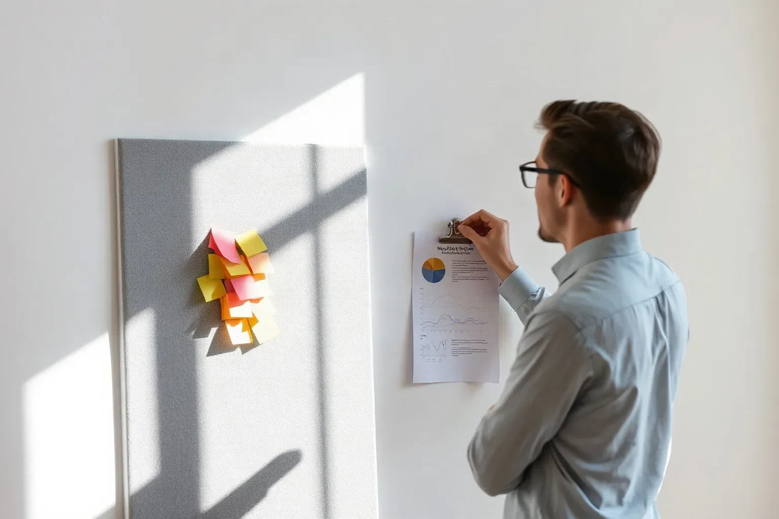 A person wearing glasses pins a document showing charts to a white wall beside a board covered in colourful sticky notes