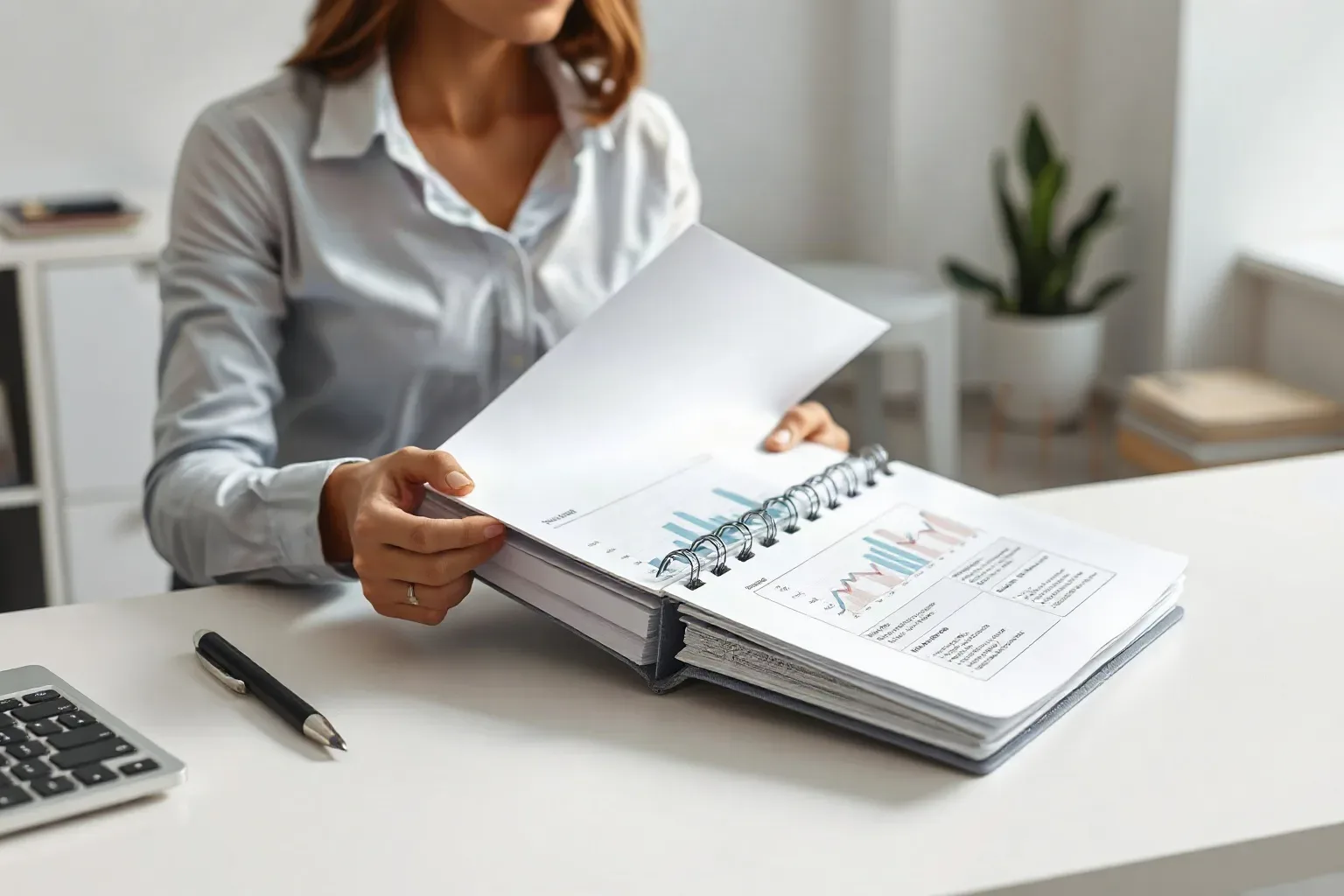 A marketing professional at a desk workspace pulling a ring-bound notebook from a stack and opening it alongside a printed analytics report bearing bar charts and handwritten margin notes