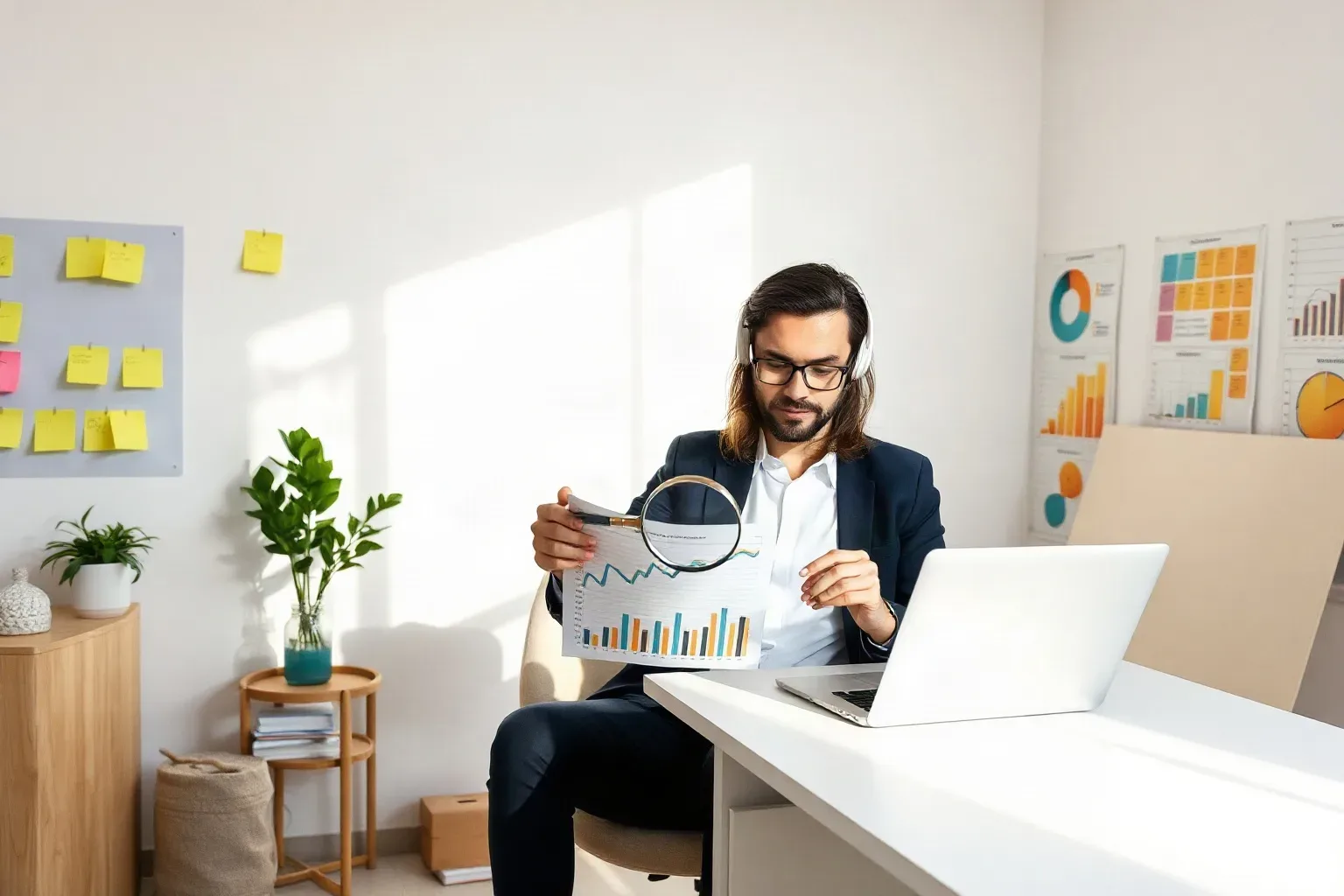 A small-business owner seated and holding a magnifying glass over a specific chart on a printed analytics report while sticky-note-covered planning boards line the wall behind the desk