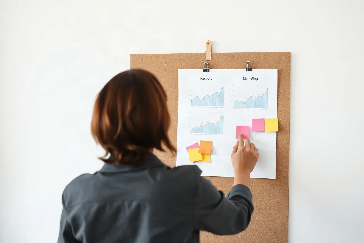 A person places colourful sticky notes onto a cork pinboard displaying a printed report with line charts