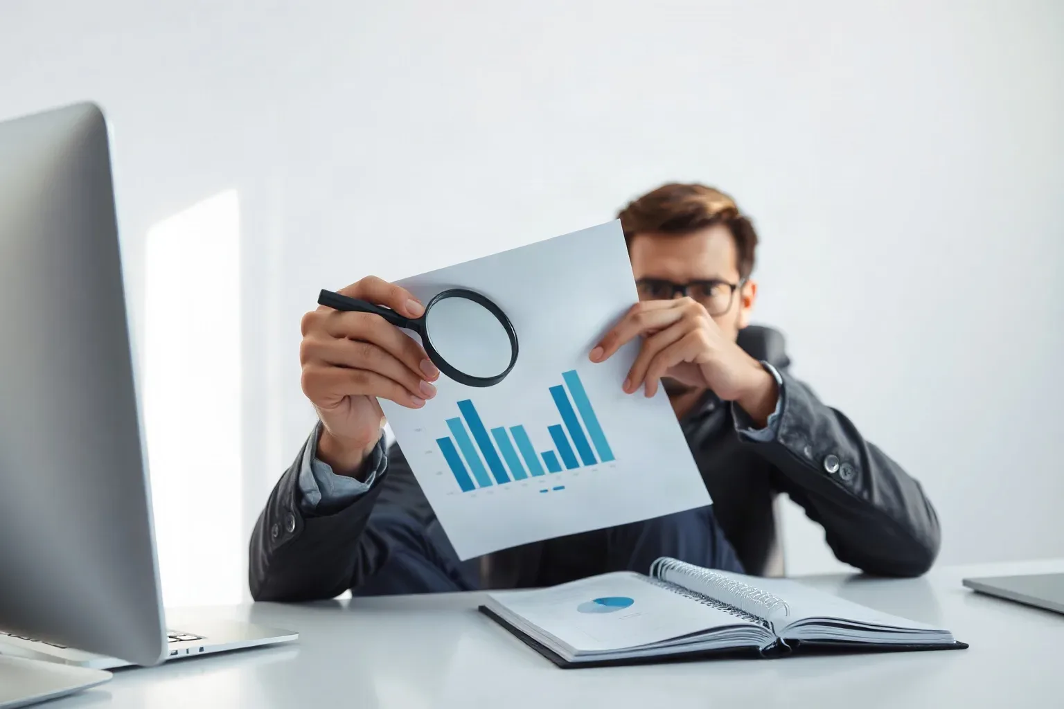 A small-business owner seated at a focused desk workspace placing a magnifying glass over a bar-chart section of a printed analytics report and annotating a ring-bound notebook open beside it