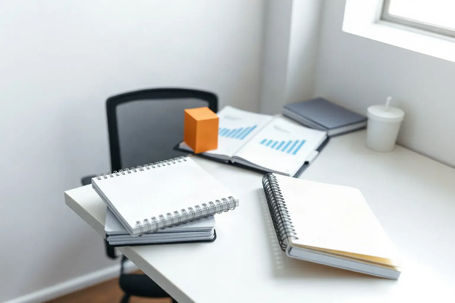 A tidy desk holds several stacked and open ring-bound notebooks alongside an open document showing bar charts, with an orange cube and a white cup nearby