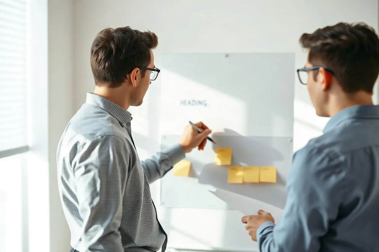 Two people wearing glasses write on a glass board covered with yellow sticky notes in a bright office