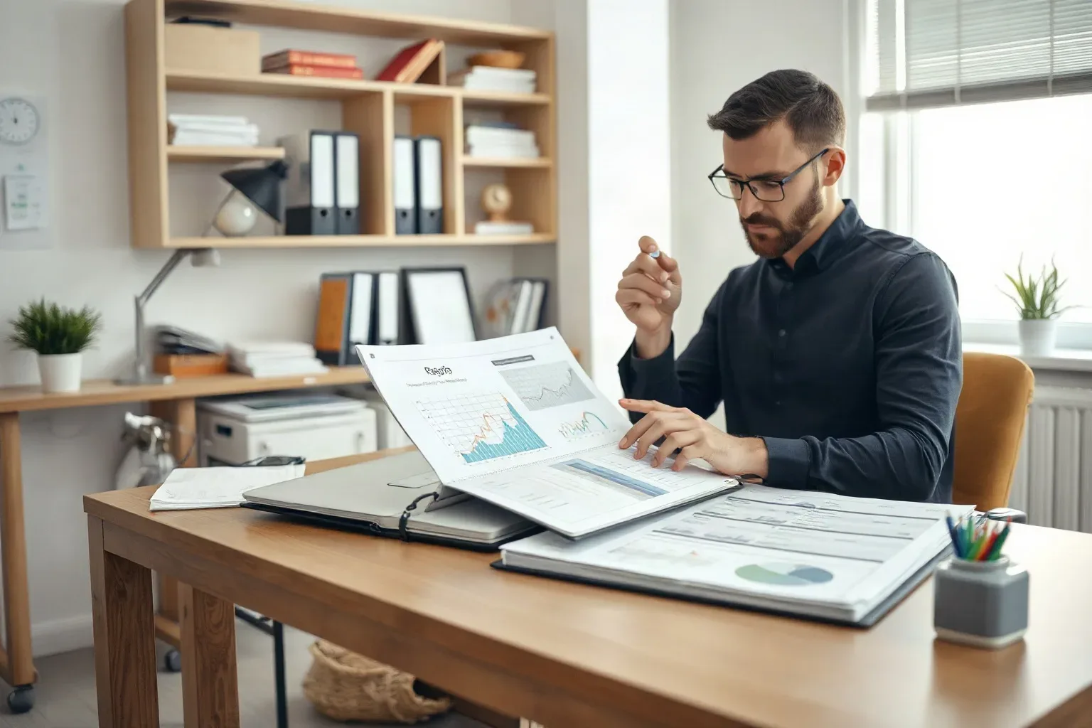 A marketing professional seated at a shelved workspace pressing a magnifying glass onto a printed line-chart report and using the other hand to flip to a relevant section in a tabbed folder lying open on the desk