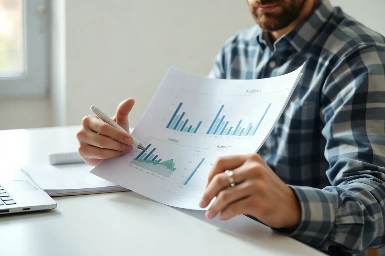 A small-business owner at a focused desk workspace spreading two printed analytics reports side by side and marking a difference between their bar charts with a pen while a ring-bound notebook is held open nearby with a thumb