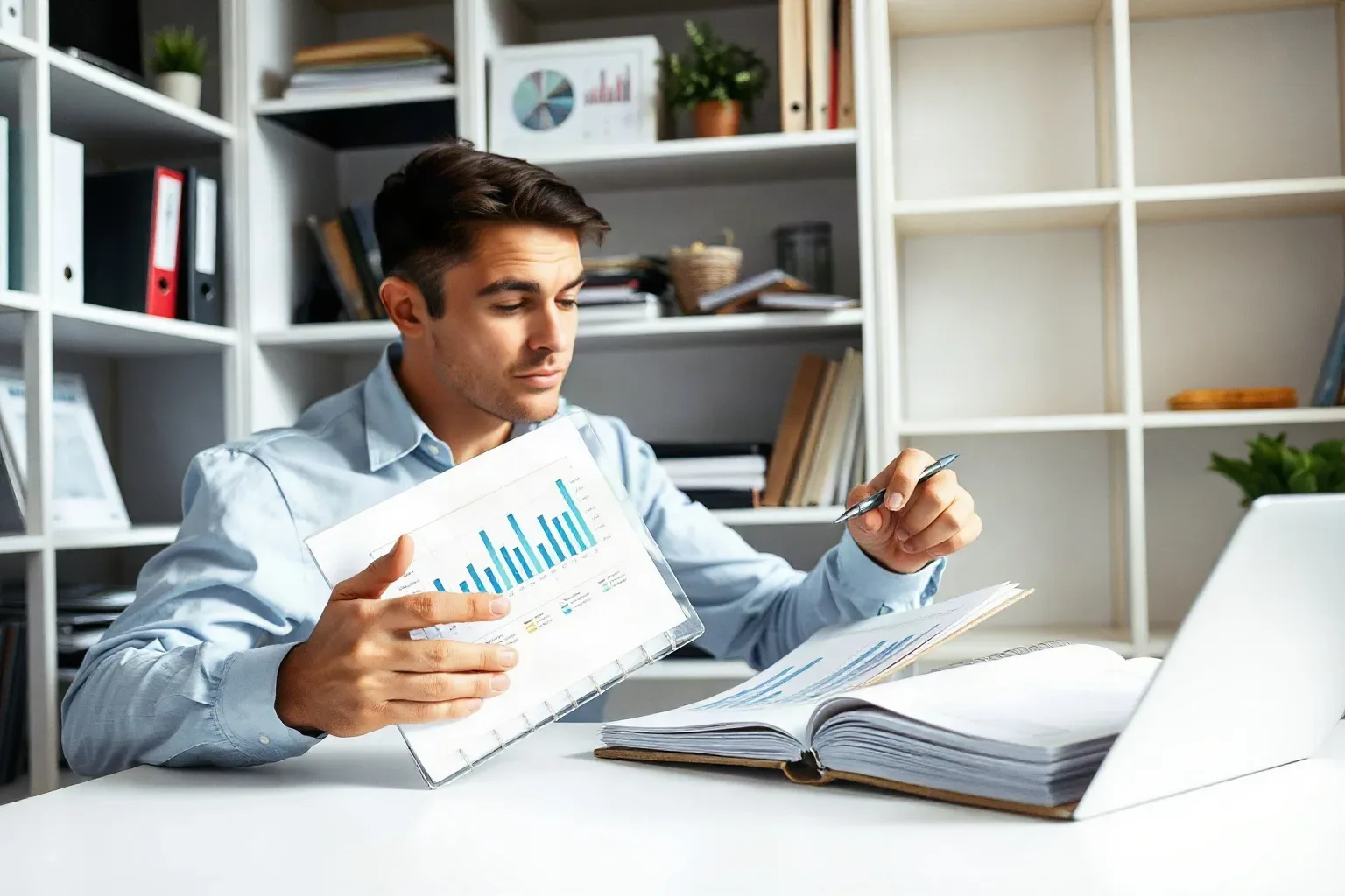 A marketing professional at a shelved office workspace pulling two ring-bound notebooks from a stack and opening both to compare regional keyword annotations made in different coloured ink beside a printed bar-chart report