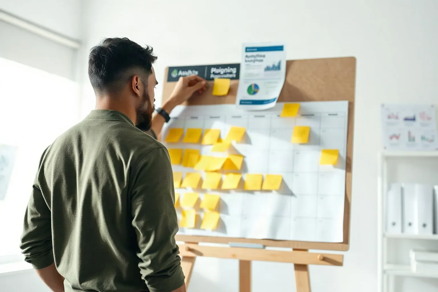 A person places a yellow sticky note on a large planning board covered in sticky notes and printed sheets, mounted on an easel in a bright office