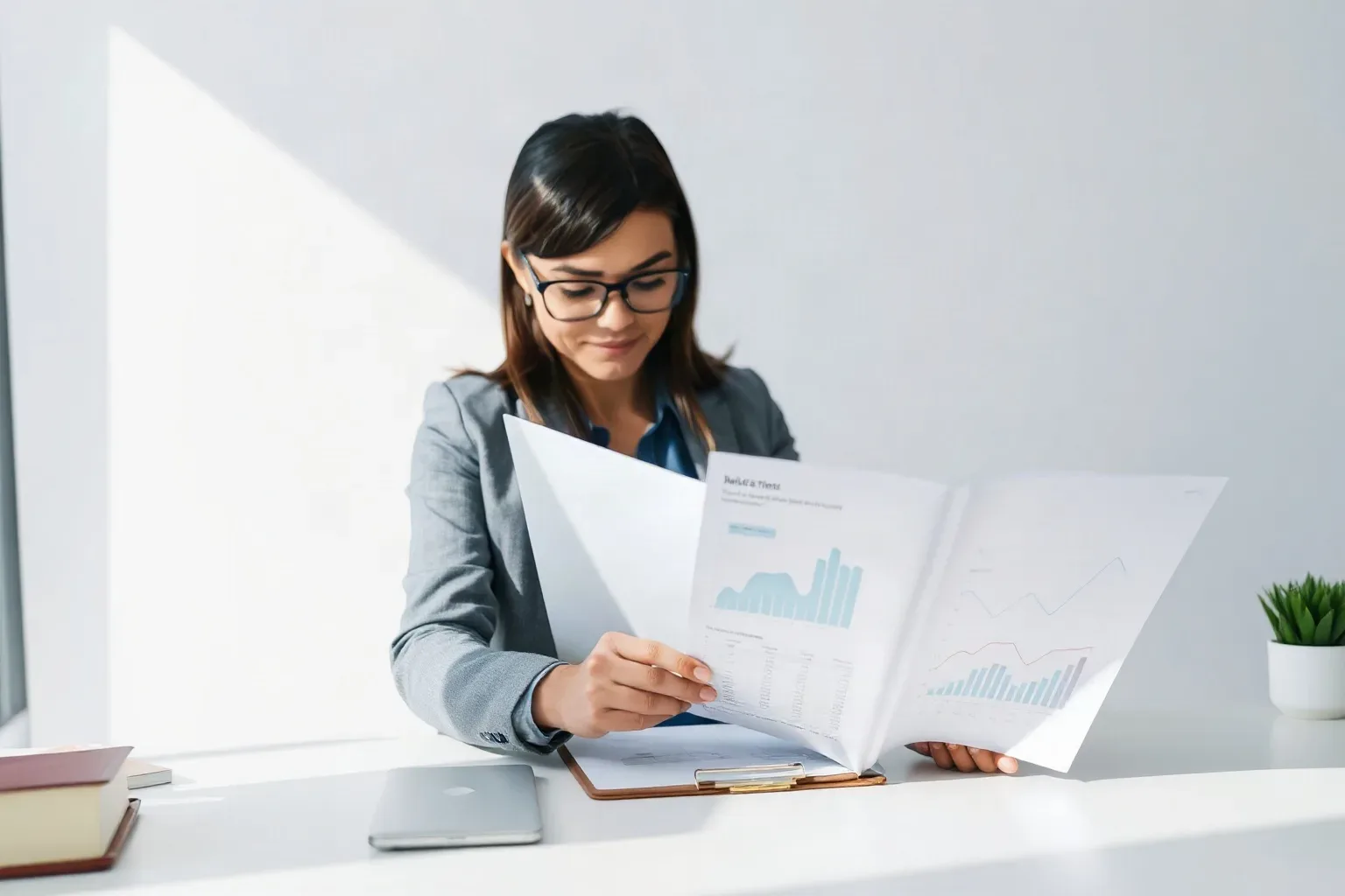 A person in a grey blazer and glasses sits at a white desk reviewing printed reports featuring bar and line charts