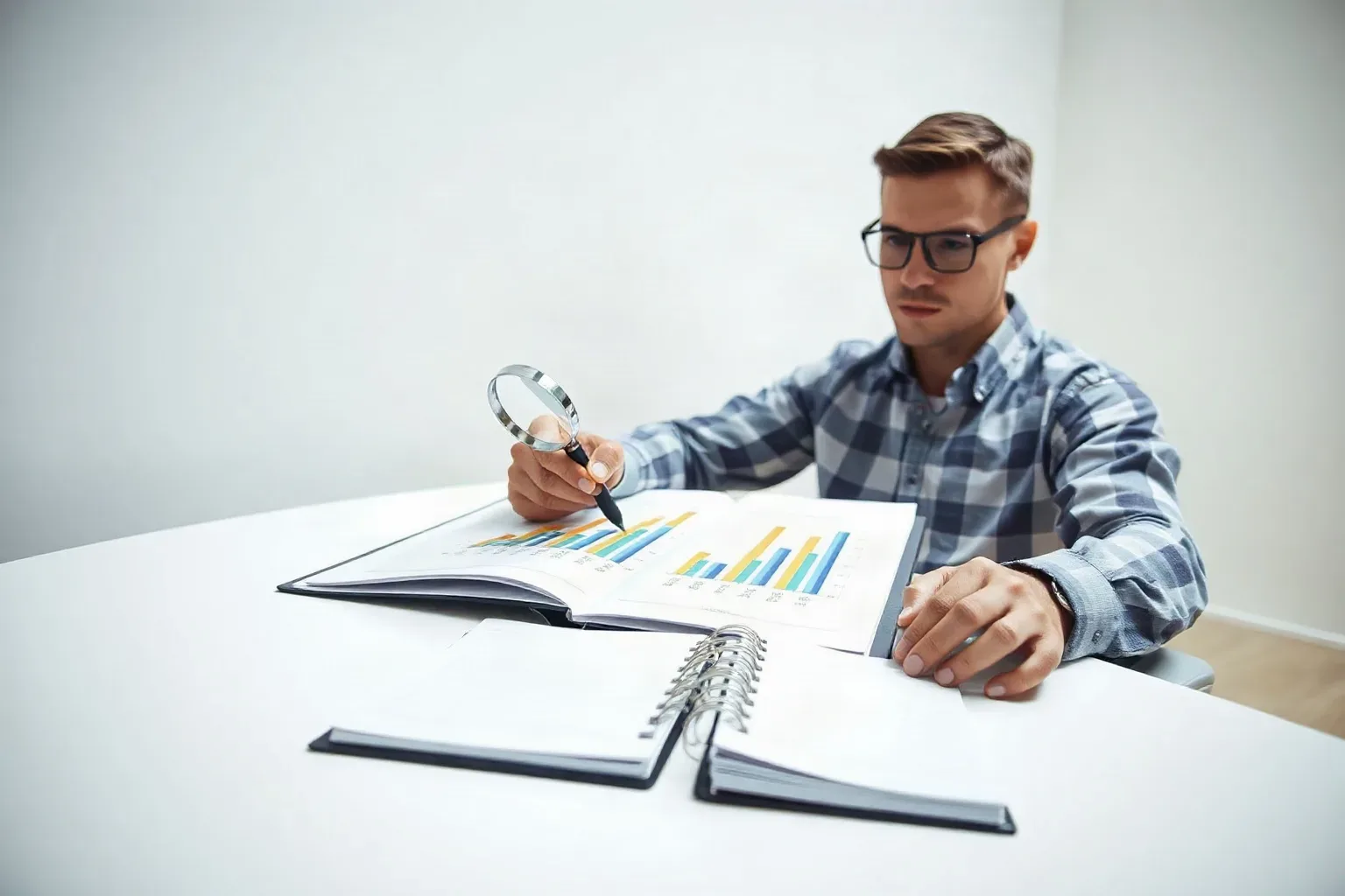 A small-business owner at a single-desk workspace resting a magnifying glass on a printed bar-chart report and marking competitor-position columns with a highlighter while an open ring-bound notebook lies beside the report